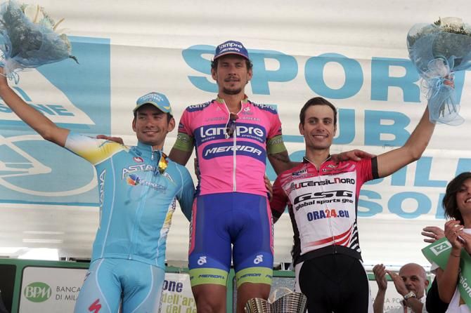The Coppa Agostoni podium: Simone Ponzi, Filippo Pozzato and Marco Zamparella