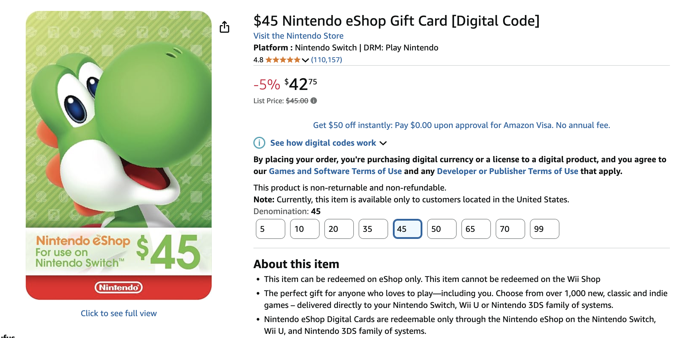 Nintendo Eshop gift card