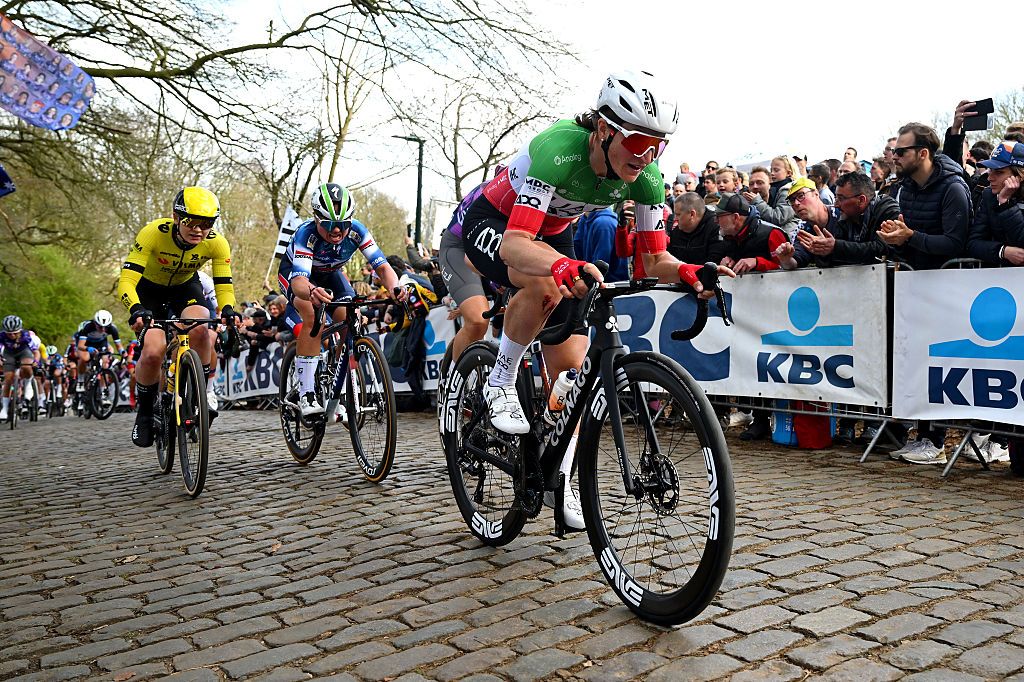 WEVELGEM BELGIUM MARCH 30 Elisa Longo Borghini of Italy and UAE Team ADQ competes passing through the Kemmelberg cobblestones sector during the 14th GentWevelgem in Flanders Fields 2025 Womens Elite a 1689km one day race from Ypres to Wevelgem UCIWWT on March 30 2025 in Wevelgem Belgium Photo by Luc ClaessenGetty Images