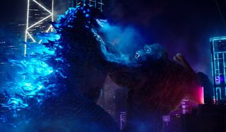 Kong prepares to shove the axe in Godzilla's mouth in Godzilla vs. Kong.