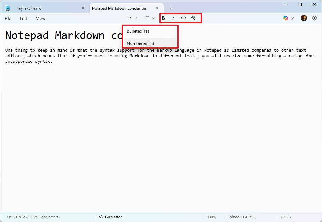 Notepad Markdown options in toolbar