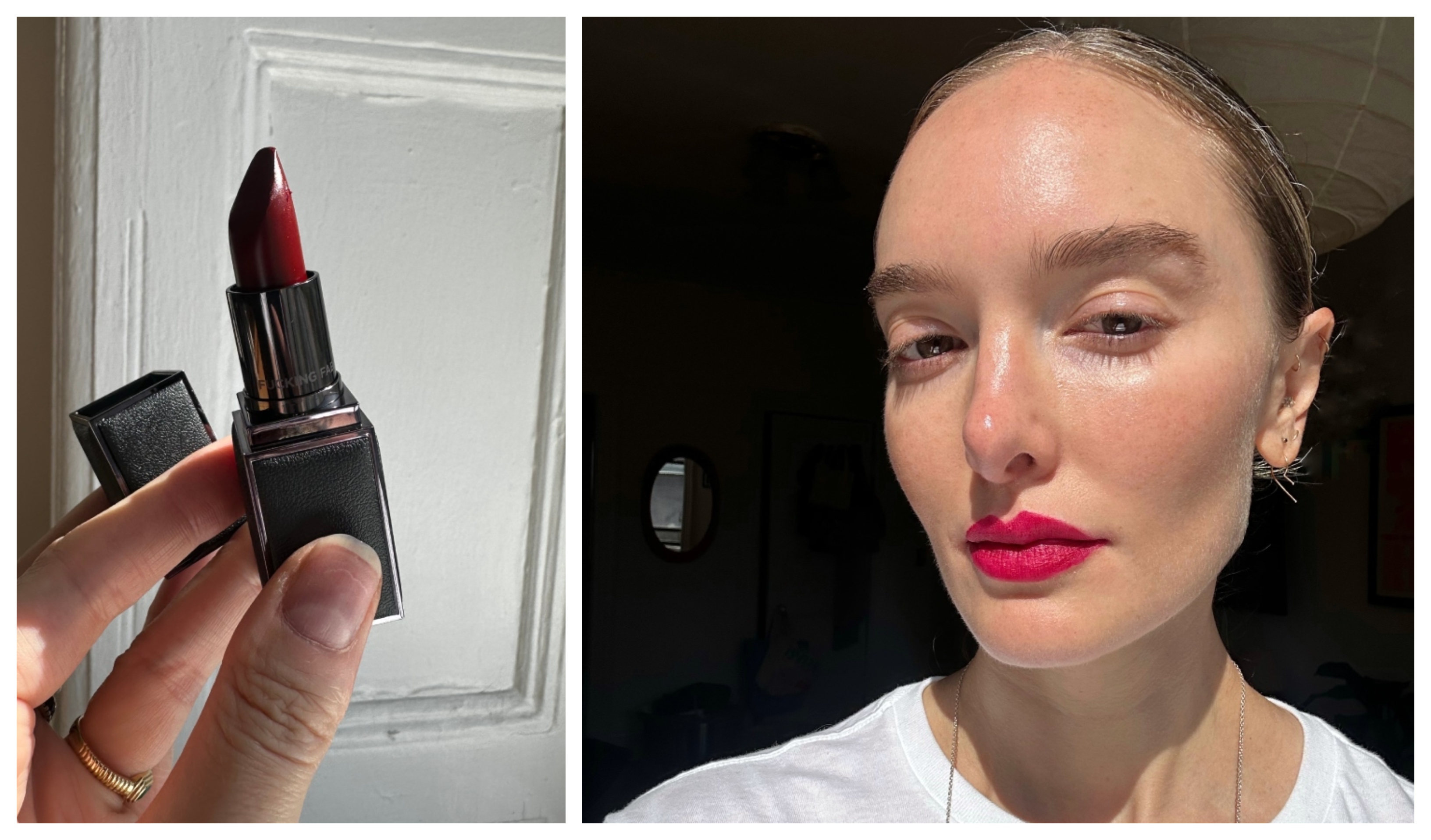 Hannah Baxter holding a black lipstick bullet and split with a selfie of her with Fuchsia lipstick