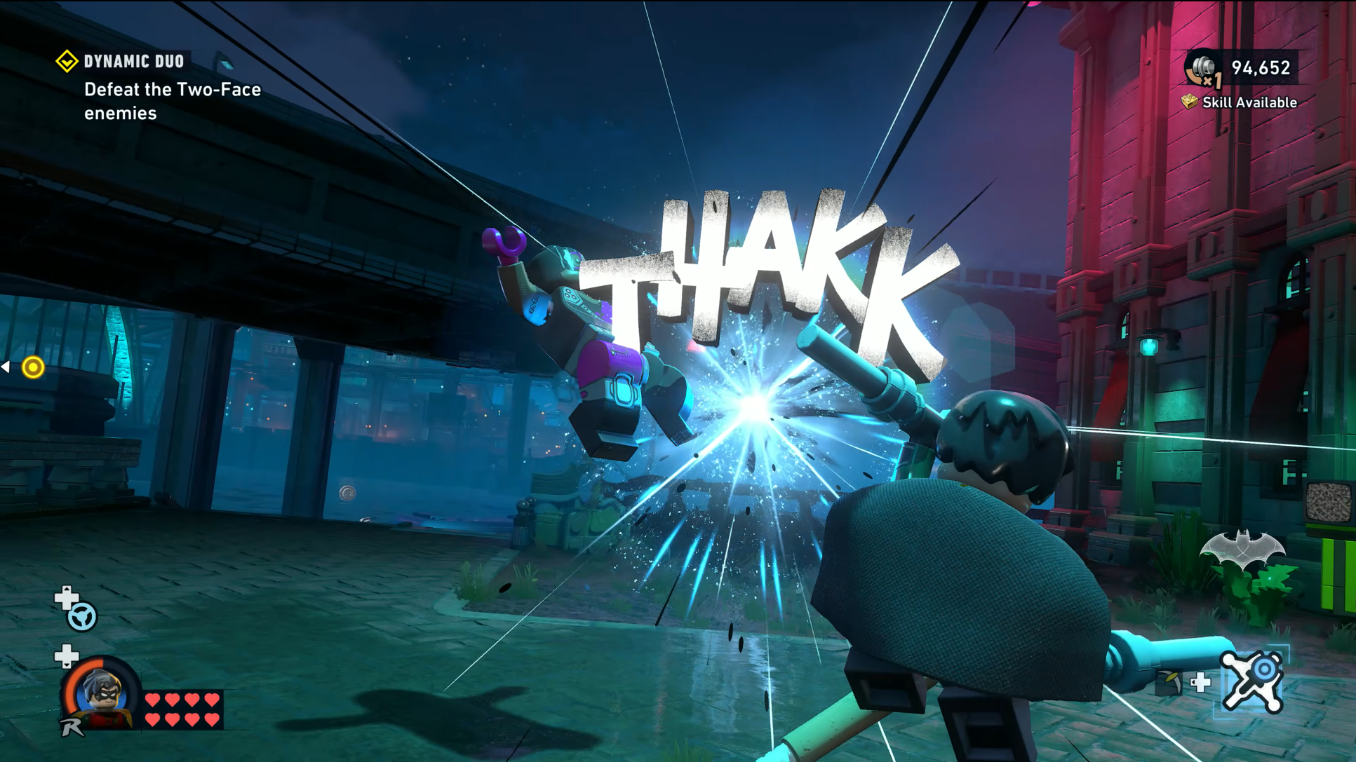 Robin attacks a bully, causing a "thank you" on-screen visual effects.