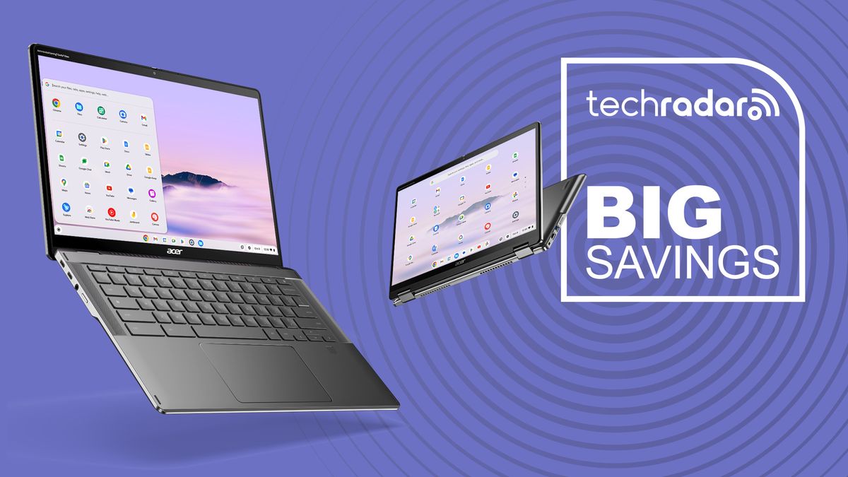 Two Acer Chromebooks on a purple background with a TechRadar Big Savings badge.