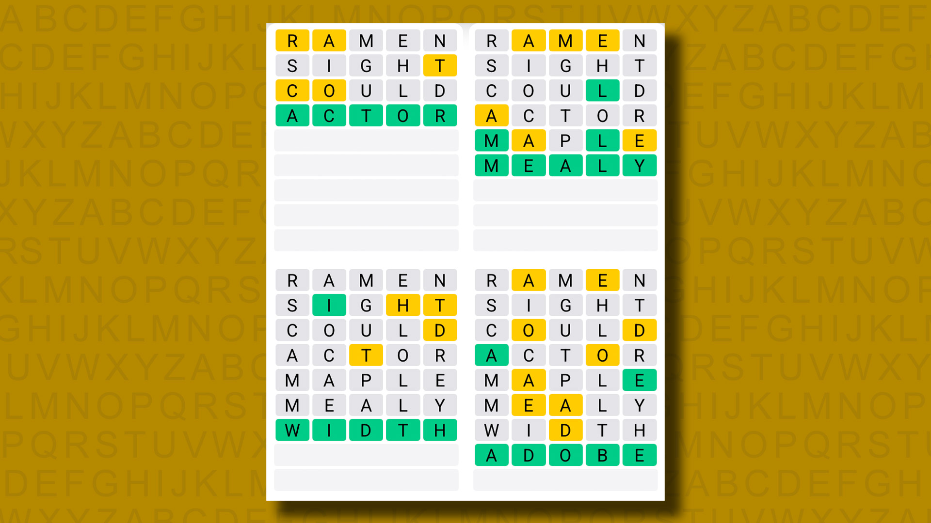 Quordle answers for game 1285 on a yellow background