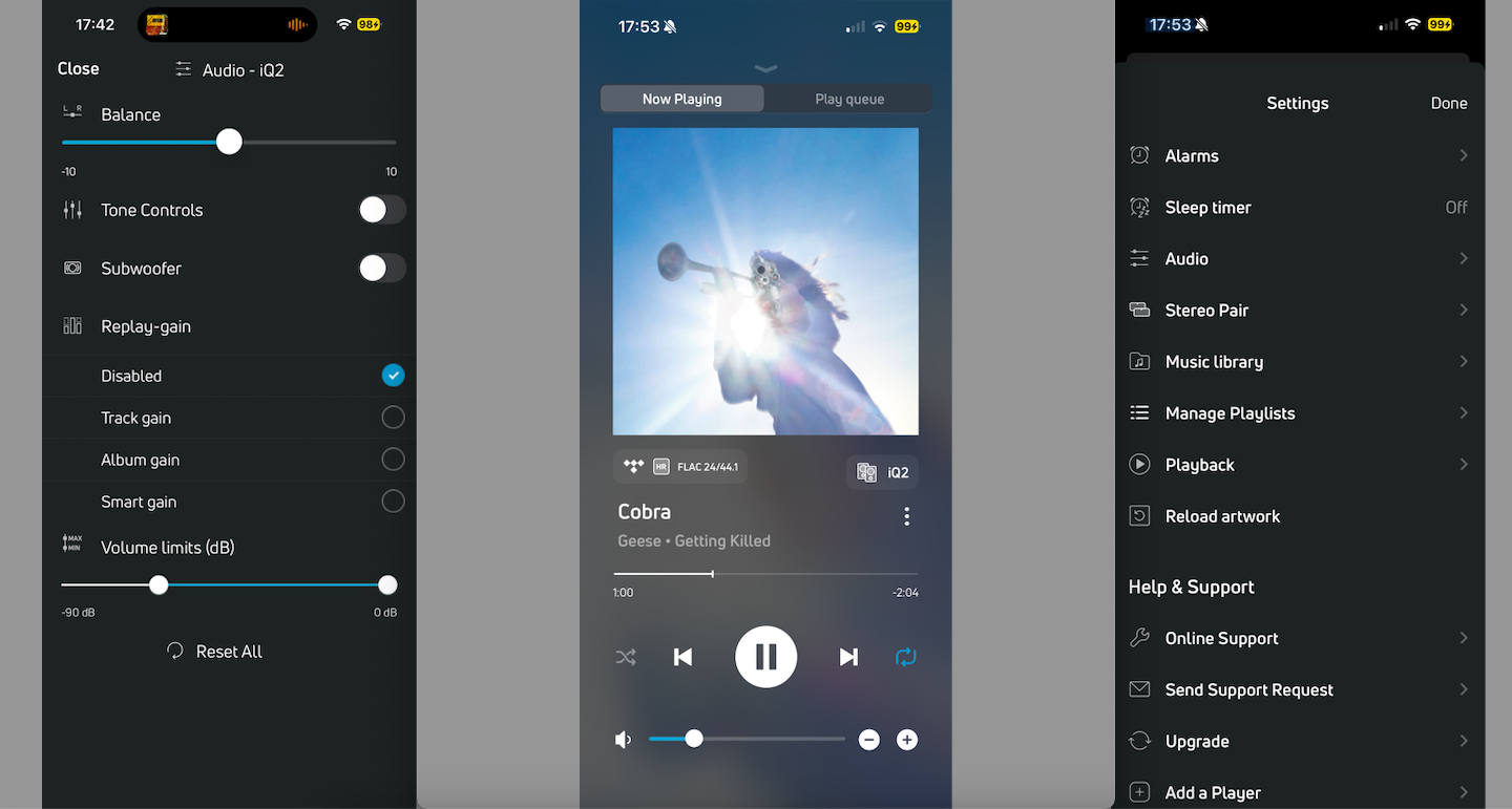 Tryptic of screenshots showing the BluOS control app for the PSB iQ2 speaker system