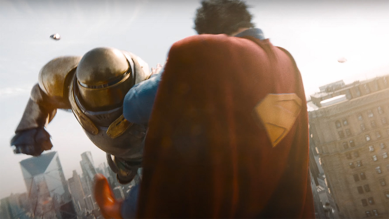 The Hammer of Boravia holding Superman as they fly through the air in 2025's Superman film