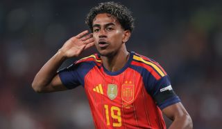 Lamine Yamal of Spain celebrates after scoring his side's first goal of the UEFA Nations League 2026/27 group phase match against England at Wembley Stadium on September 26, 2026 in London, England