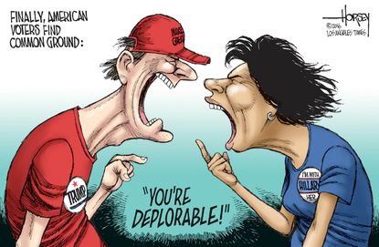 Political cartoon U.S. 2016 election Hillary Clinton Donald Trump voters call each other deplorable