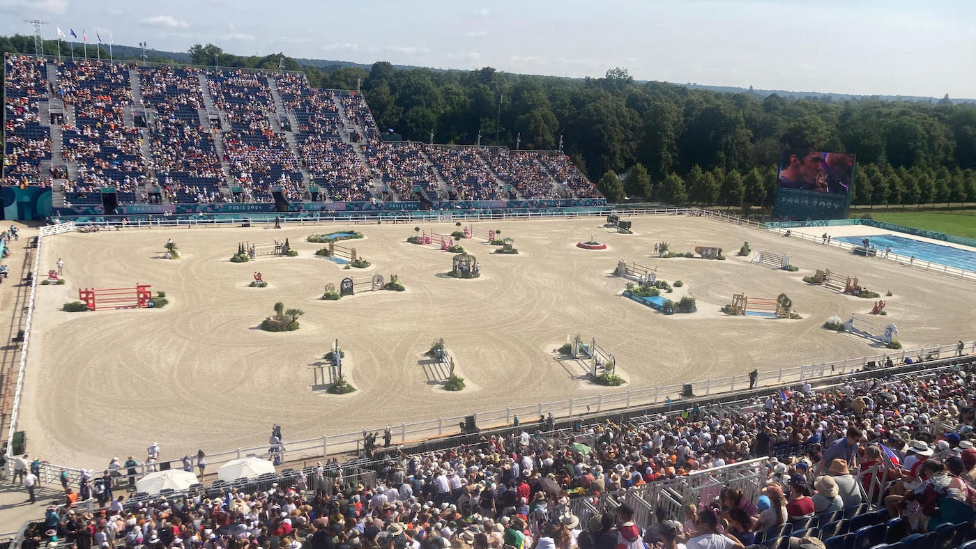 The modern penathlon at the Paris olympics is taking place in the equestrian venue at Versailles, which includes a swimming pool (far right of picture)