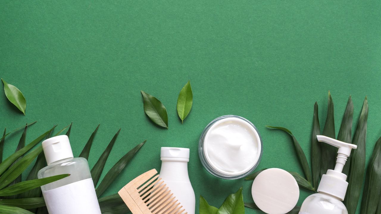 Selection of green vegan natural beauty products 