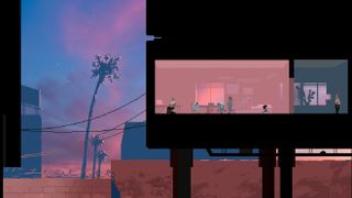 Characters occupy various parts of a home as the sun sets outside 