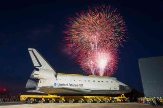 Fireworks welcome shuttle Atlantis to Kennedy Space Center