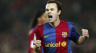 BARCELONA, SPAIN - JANUARY 21: Andres Iniesta of Barcelona celebrates his goal during the La Liga match between FC Barcelona and Gimnastic de Tarragona at the Camp Nou stadium on January 21, 2007 in Barcelona, Spain. (Photo by Bagu Blanco/Getty Images)