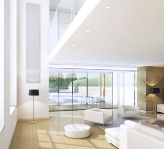 contemporary living room with double height ceiling