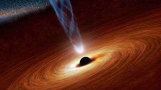 An artist's depiction of a black hole at the center of a galaxy.