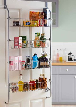 over door hanging rack for storage of food items in kitchen