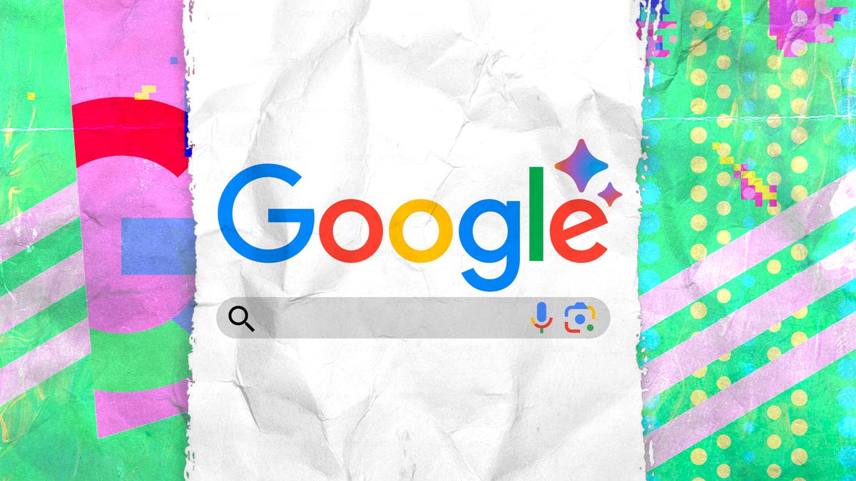 Scrapbook styled punk pop-art image showing a mock up of the Google Search home page on a colorful background.