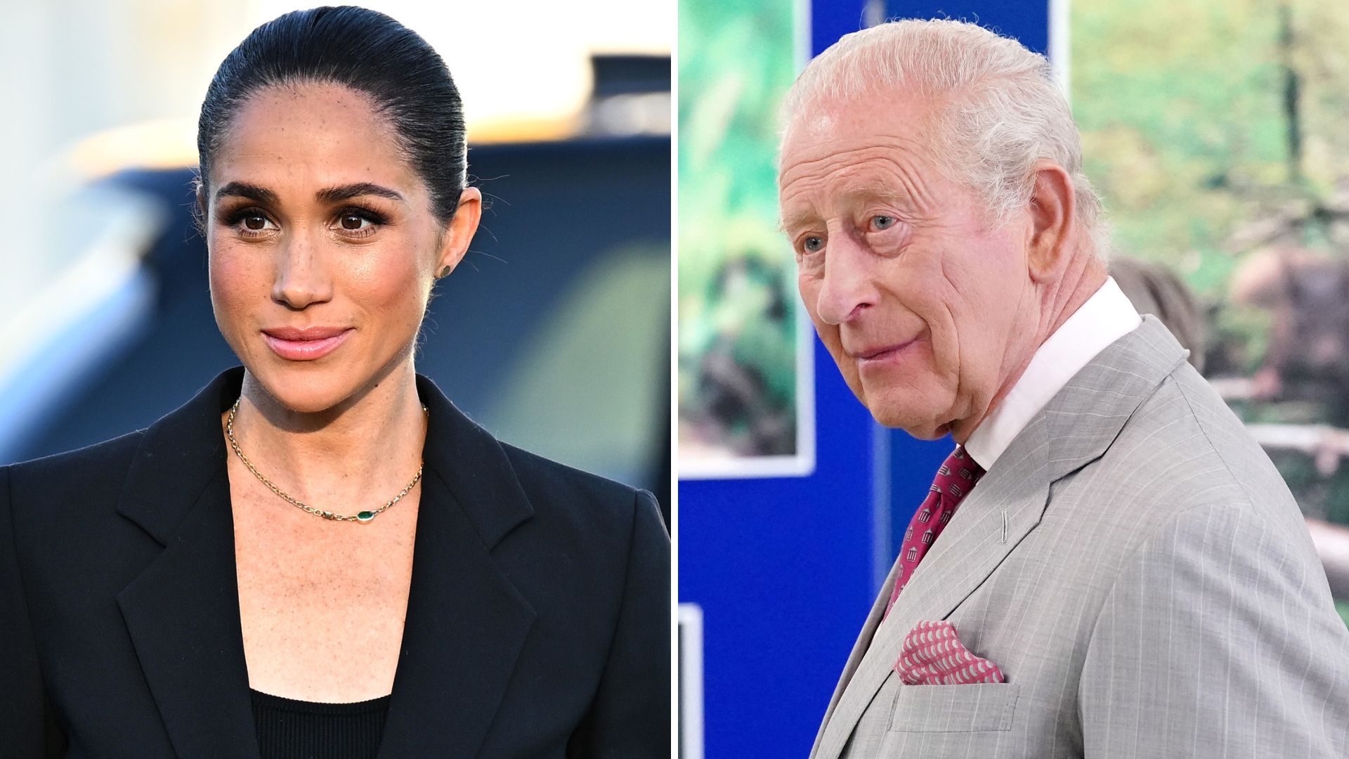 A composite of a picture of Meghan Markle in Geneva in 2026 and a picture of King Charles in England in 2026