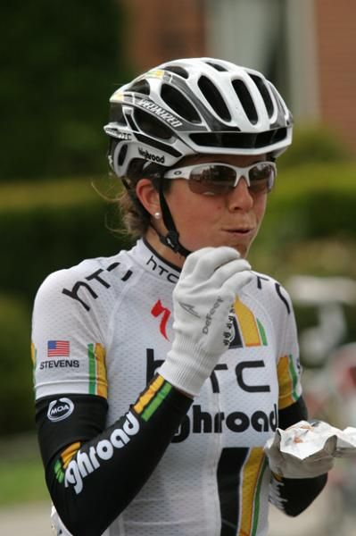 Evelyn Stevens (HTC-Highroad) fuels up for the race.
