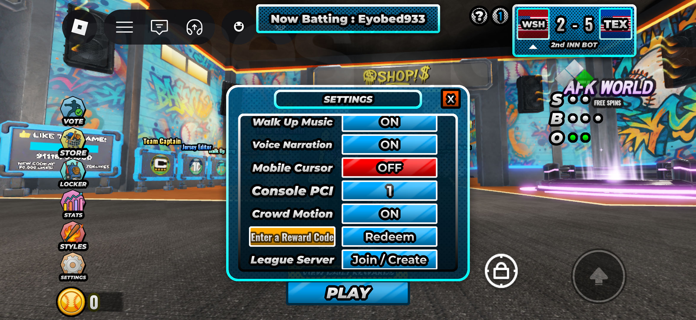 The menu to redeem Superstar Baseball codes