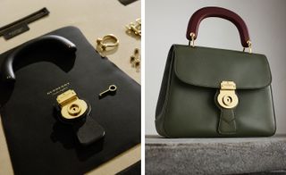 Two images, Left- Close up of Burberry handbag lock, Right- Khaki top handle handbag