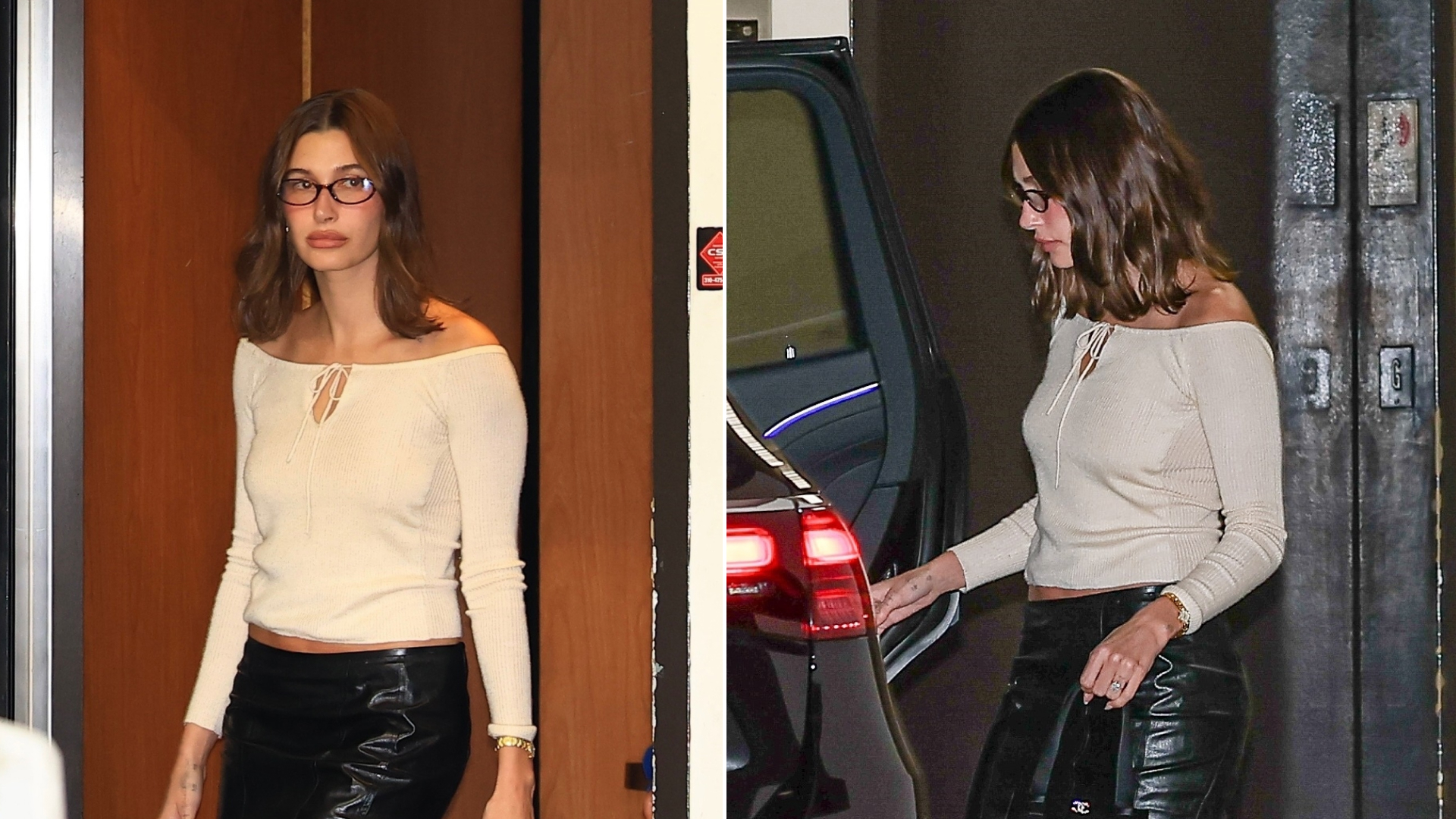 Hailey Bieber Takes Her Rare Chanel Bag to Dinner in a 90s skirt trend and Slingback Heels