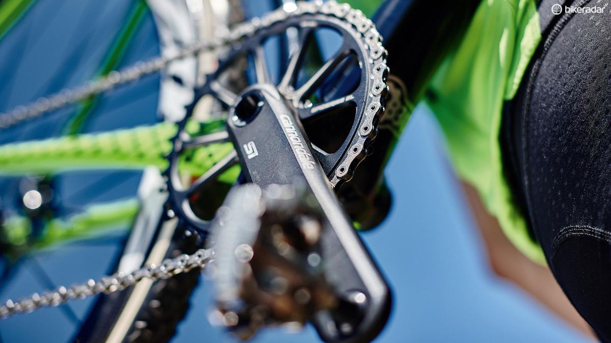 Our bike uses a Cannondale Si crank and SpideRing chainring with SRAM X-Sync wide-narrow tooth profiles