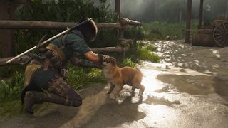 Assassin's Creed Shadows screenshot of Naoe petting a puppy Akita while a cat and some kittens can be seen in the background