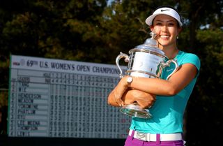 Michelle Wie holds the US Women's Open trophy
