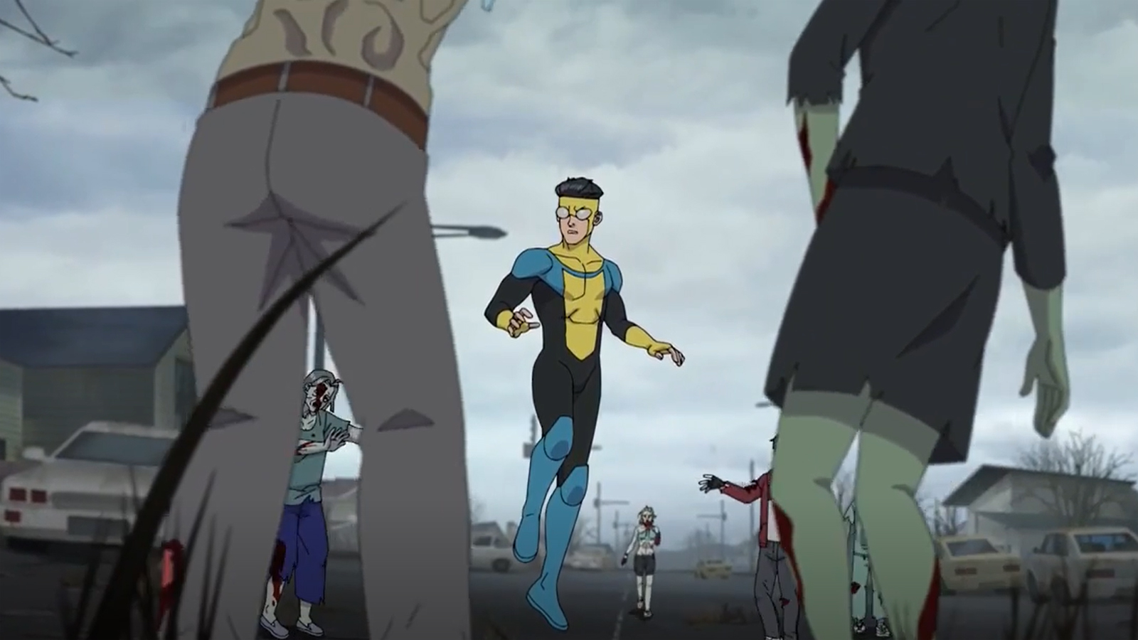 Mark Grayson floats above the ground as he's surrounded by zombies in Invincible season 2 episode 8