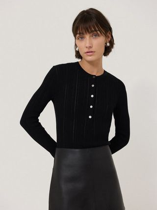 Rib Pointelle Henley Jumper | Black