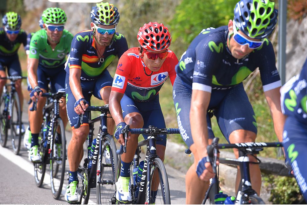 Movistar lined up at the Vuelta a Espana stage 11 from Colunga to the summit finish at Pe&ntilde;a Cabarga