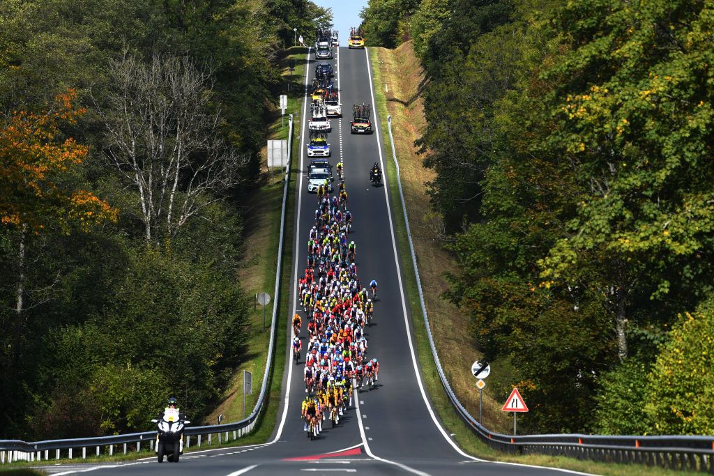 BINCHE BELGIUM OCTOBER 04 A general view of the peloton competing during the 35th Binche Chimay Binche Memorial Frank Vandenbroucke 2022 a 1986km one day race from Binche to Binche BincheChimayBinche on October 04 2022 in Binche Belgium Photo by Luc ClaessenGetty Images