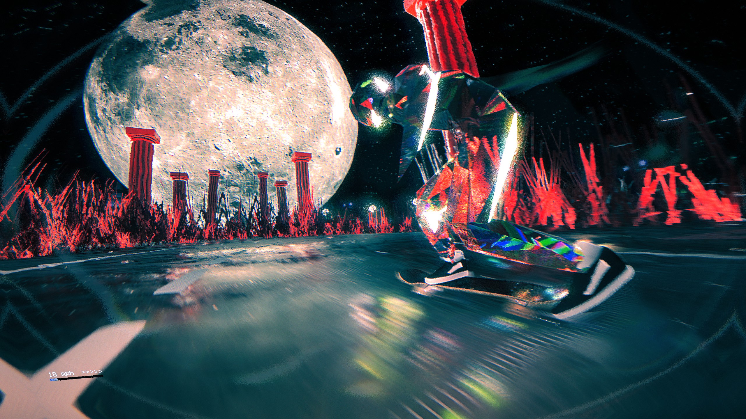 Skate story riding skateboard directly into moon