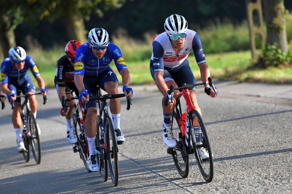 BOORTMEERBEEK BELGIUM SEPTEMBER 18 LR Florian Senechal of France and Team Deceuninck QuickStep and Jasper Stuyven of Belgium and Team Trek Segafredo compete in the Breakaway during the 11th Primus Classic 2021 a 1977km race from Brakel to Boortmeerbeek Wespelaar Haacht primusclassic PrimusClassic on September 18 2021 in Boortmeerbeek Belgium Photo by Luc ClaessenGetty Images