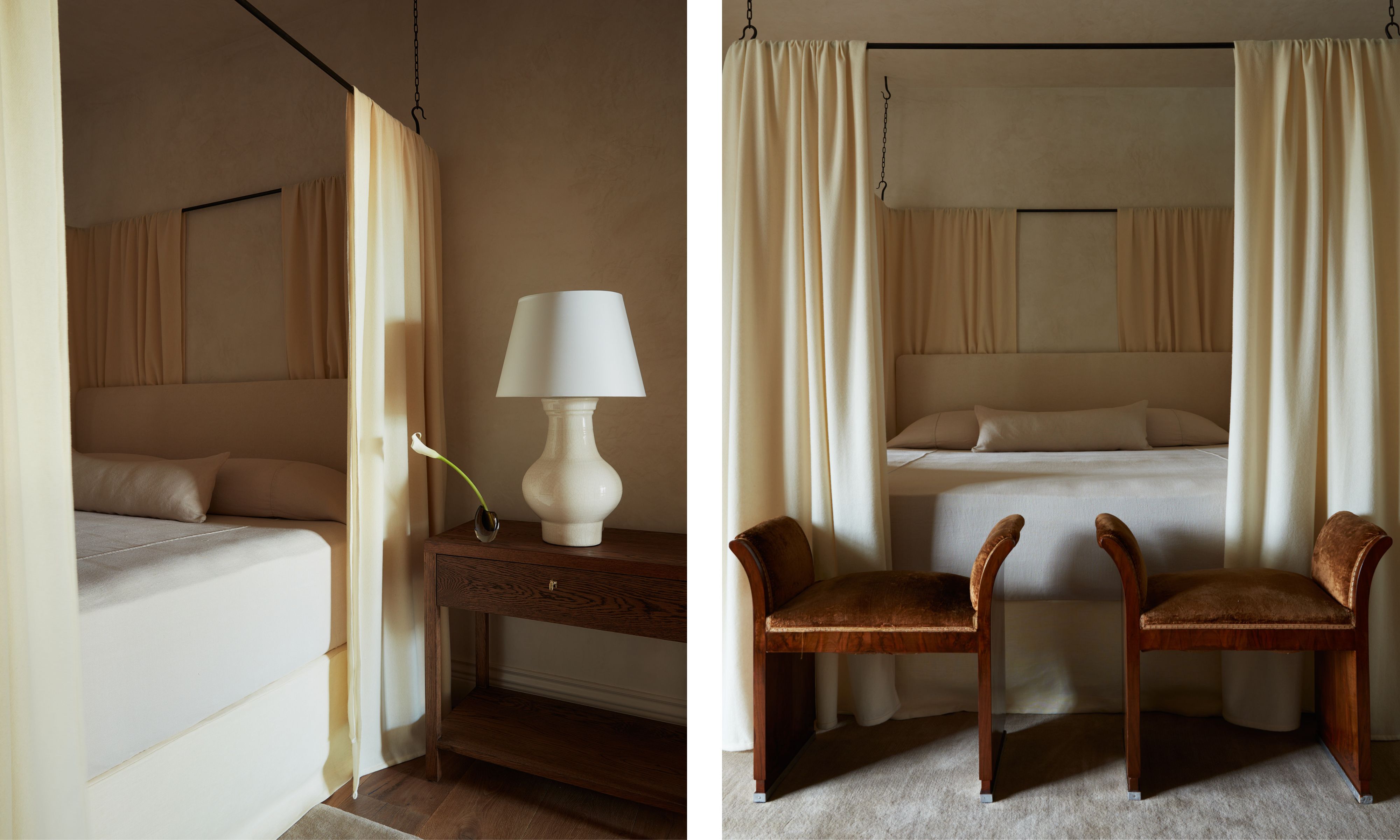 two shots next to each other of the same minimalist bedroom with a canopy bed with cream curtains and two twin stools at the end of the bed