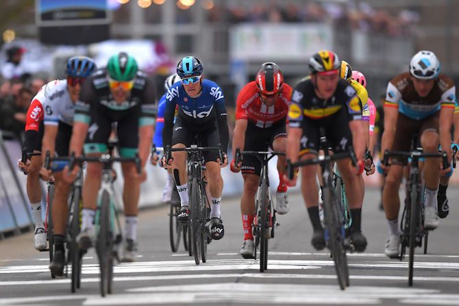 Team Sky's Dylan van Baarle finished 14th at the 2019 Omloop Het Nieuwsblad, despite having broken his hand in a crash