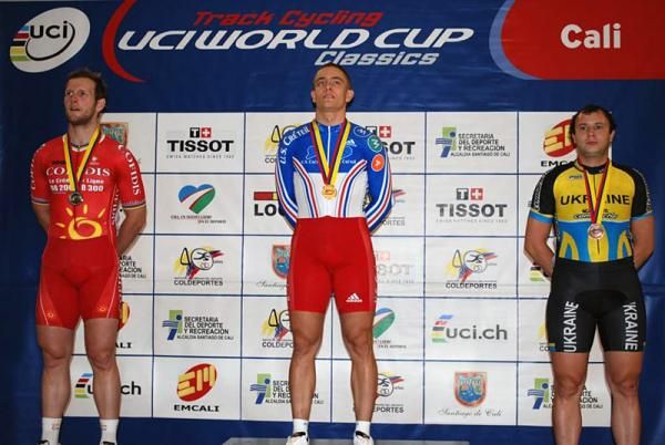 Men's keirin podium (l-r): Teun Mulder (Cofidis), 2nd; Micha&euml;l D'Almeida (France), 1st; Andrii Vynokurov (Ukraine), 3rd.