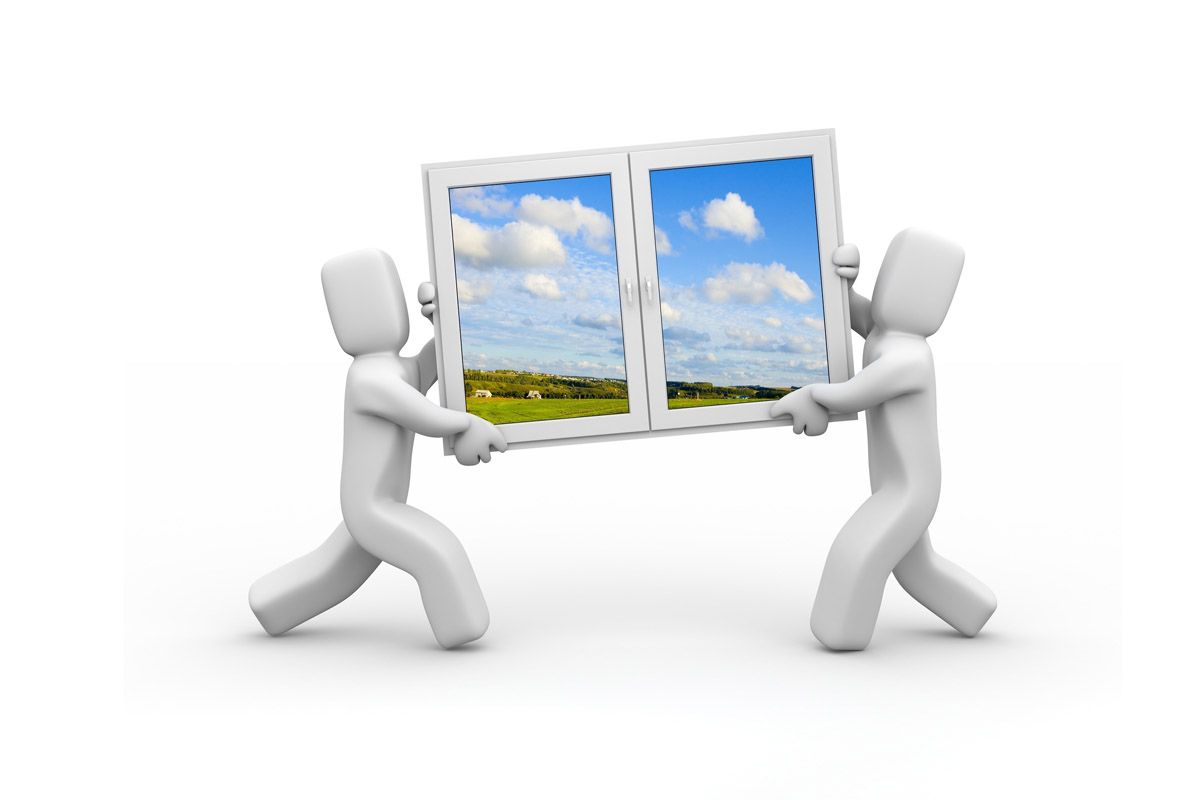 Men lifting a window with clouds