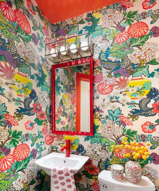 colors that go with red, powder room with brightly multicoloured wallpaper, red woodwork and ceiling