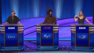 Eddie Huang, Reggie Watts, and Iliza Shlesinger compete in the quarter finals on Celebrity Jeopardy!