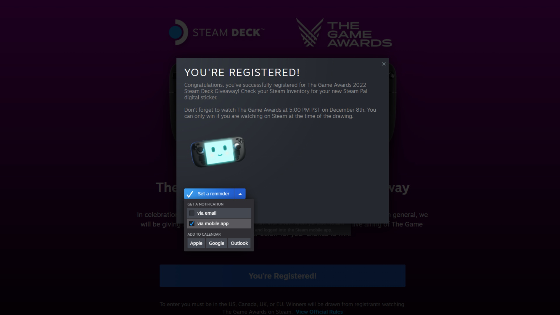 Screenshot of the Steam Deck giveaway registration page.