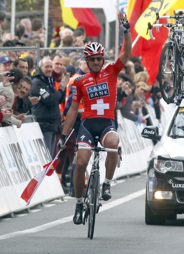 Fabian Cancellara (Saxo Bank) salutes at the end of the Tour of Flanders