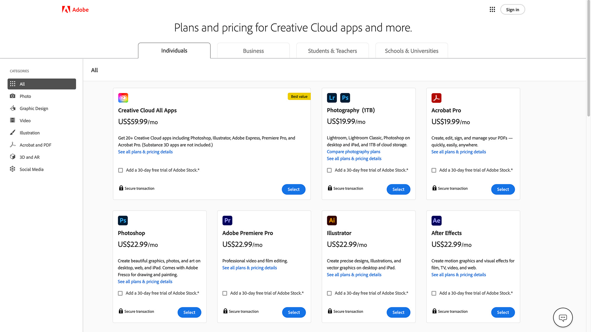 Browser screenshot of Adobe's Creative Cloud plans and pricing web page