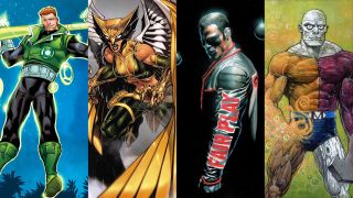 DC Comics artwork of Guy Gardner Green Lantern, Hawkgirl, Mr. Terrific and Metamorpho