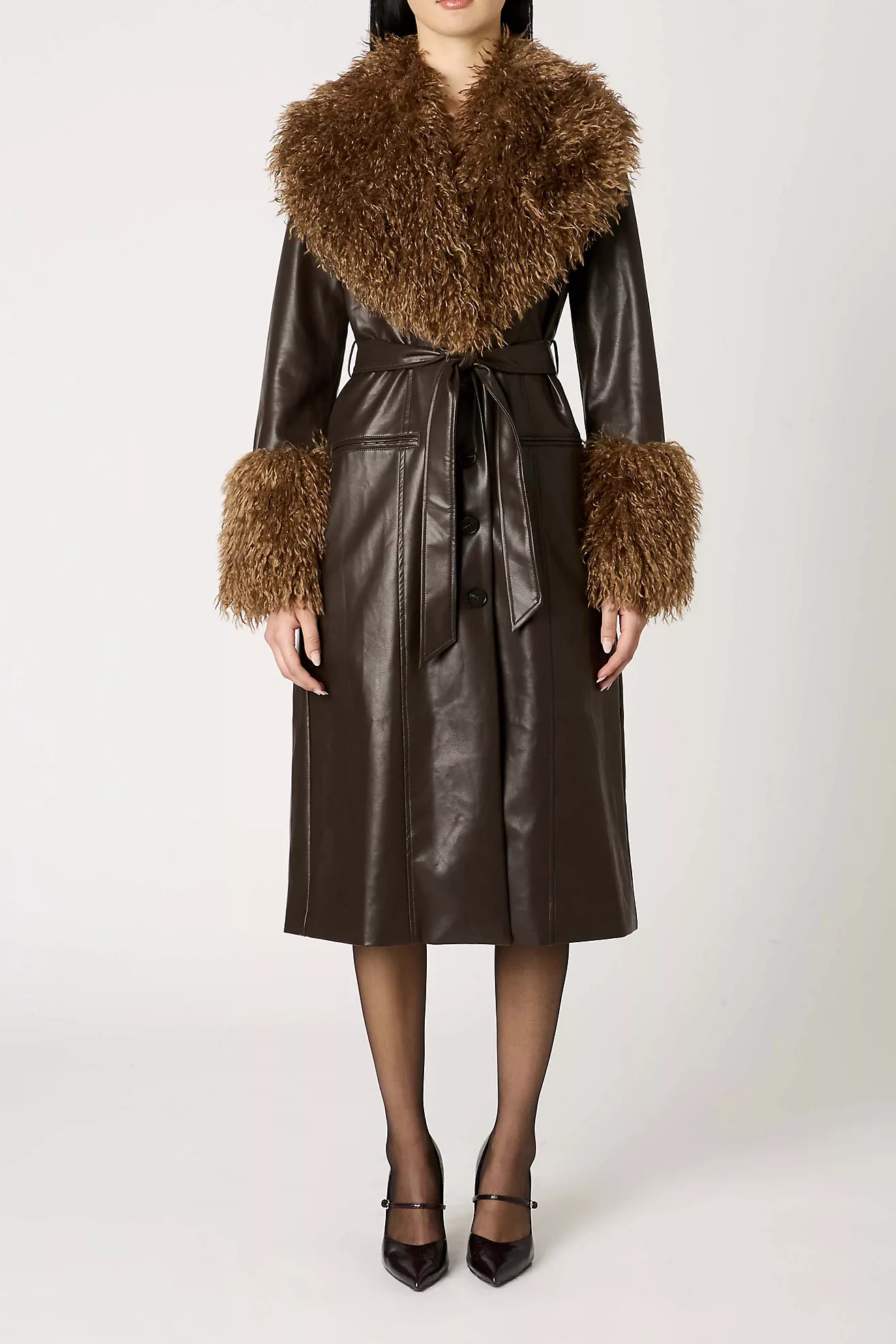 Nia Orla Espresso Faux Leather Mid-Length Faux Fur Trim Jacket
