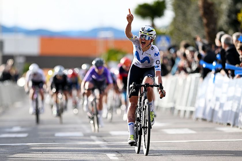 VILA-REAL, SPAIN - FEBRUARY 13: Cat Ferguson of Great Britain and Team Movistar celebrates at finish line as stage winner during the 10th Setmana Ciclista - Volta Femenina de la Comunitat Valenciana 2026, Stage 2 a 115.5km stage from Vila-Real to Vila-Real on February 13, 2026 in Vila-Real, Spain. (Photo by Szymon Gruchalski/Getty Images)