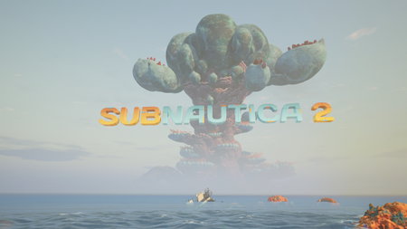 Screenshot of Subnautica 2 gameplay: large alien tree in distance in middle of sea, with words "Subnautica 2" written in orange and blue