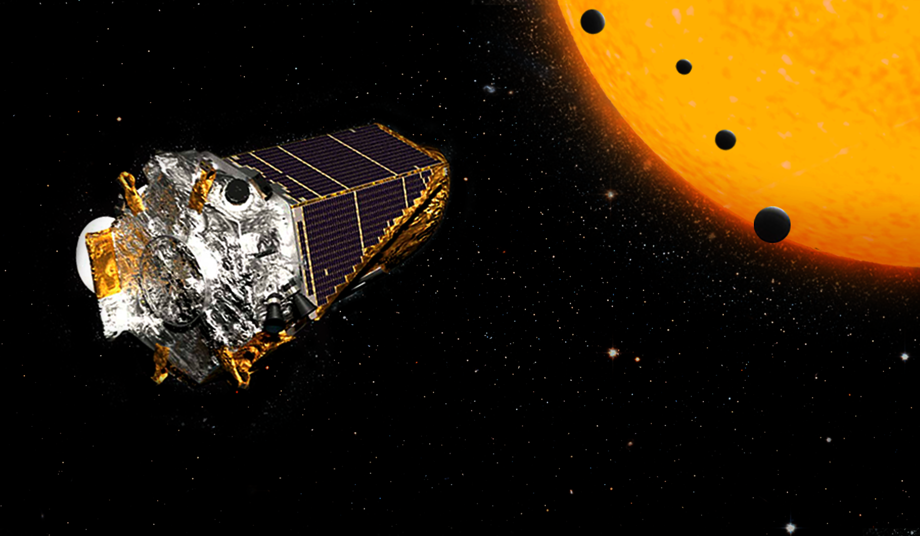 A photographic image of the NASA Kepler space telescope.